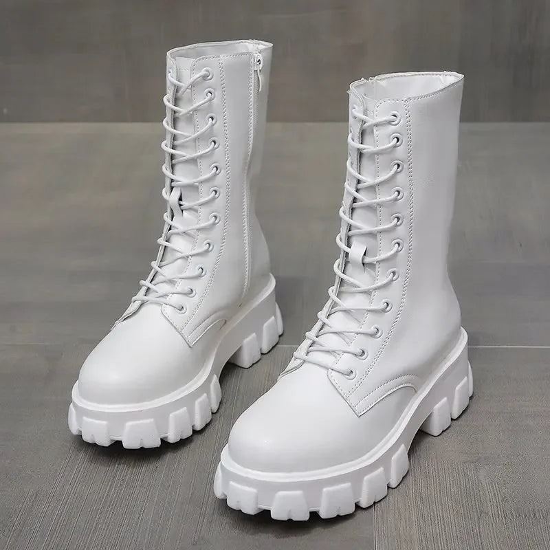 2024 Winter Shoes Women White Boots Autumn Fashion PU Leather Platform Gothic Boots Punk Combat Mid-Calf Boots For Women Booties